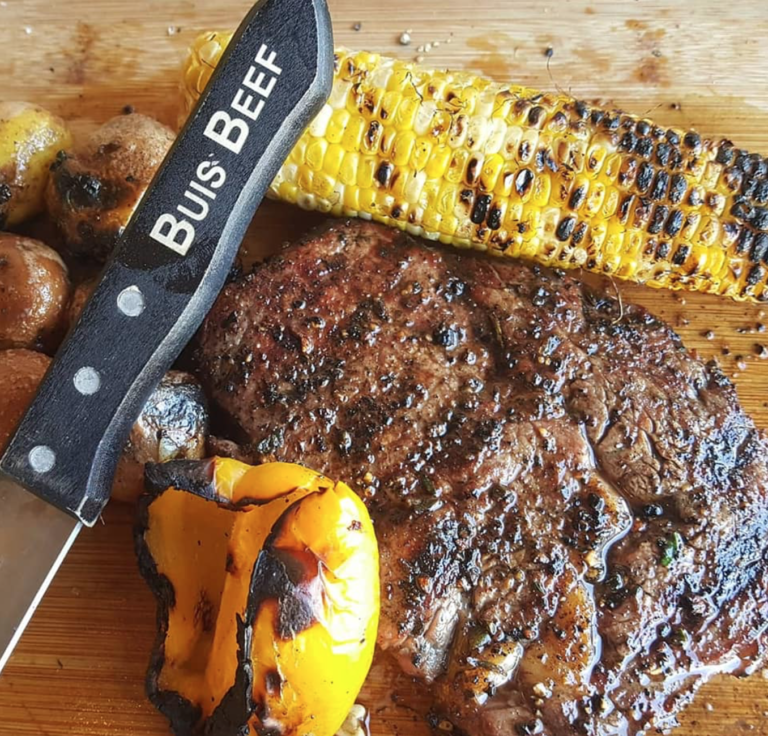 Visual of a owner's knife, steak, corn, and bell pepper.
